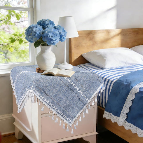 24''x24'', Country Summer Dusty Blue and White Small Tablecloth Spring Boho Square Nightstand Cover, Rusitc Farmhouse