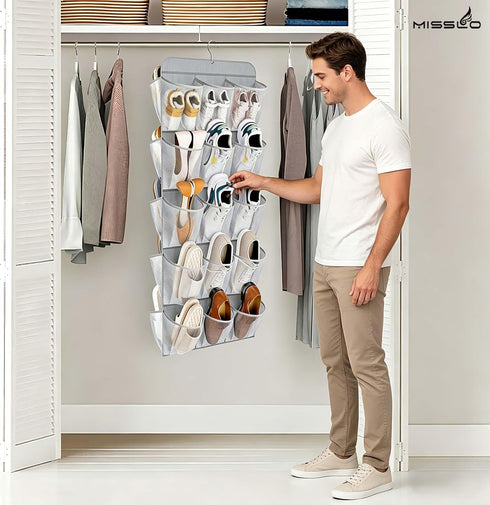 30 Closet MISSLO Large Pockets Dual Sided Hanging Shoe Organizer for with Rotating Hanger Hanging Shoe Shelves, Grey