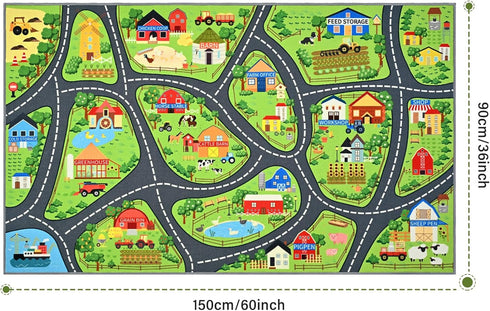 60"x36" Farmyard Adventure Play Rugs, Educational and Fun Farm Car Rug Play Mat for Kids, Non-Slip Playmat with Barns