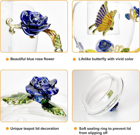 46oz/1300ml Enamel Glass Teapot With Rose Flower Butterfly And Gold Edge,Blue Rose Teapot With Infuser And Lid