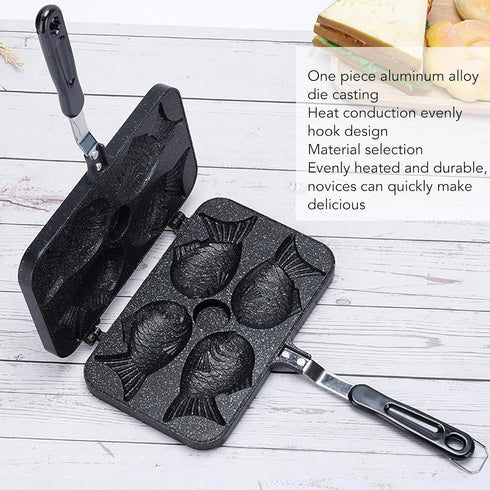 Taiyaki Pan, Taiyaki Frypan 4 Grids Non Stick Double Sided with Black Anti Scalding Handle, Fish Shape Aluminium Alloy Waffle Maker Pan for Kitchen by Sanpyl