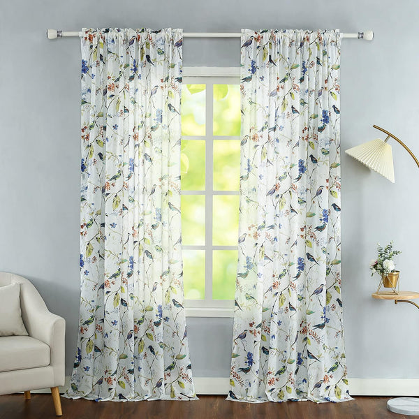 Leeva Birds Pattern Sheer Curtains, Lightweight Rod Pocket Semi Sheer Curtain Drapes