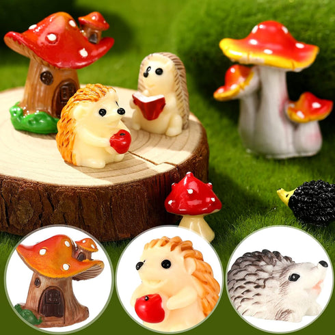 Woanger 30 Pcs Fairy Outdoor Garden Accessories, Resin Mini Hedgehog Mushroom Figurines for Terrarium Decor