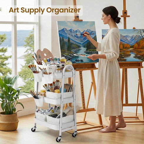 3-Tier 4 Rolling Utility Cart with Woven Baskets, Diaper Book Snack Cart, Storage Organizer for Nursery, Kitchen, Craft