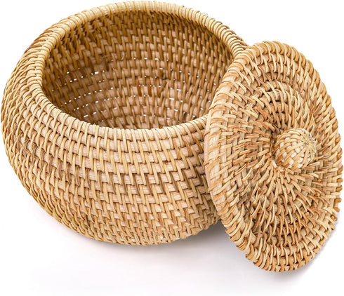 Round Rattan Basket Box with Lid, Small Handmade Woven Storage Basket for Home, Bathroom Decor Organizer