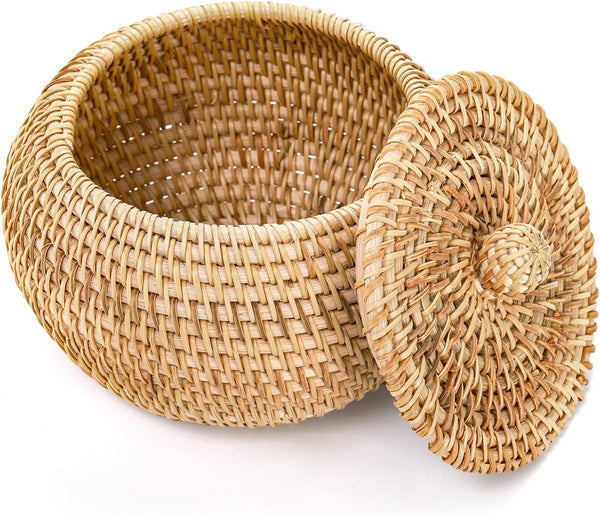 Round Rattan Basket Box with Lid, Small Handmade Woven Storage Basket for Home, Bathroom Decor Organizer