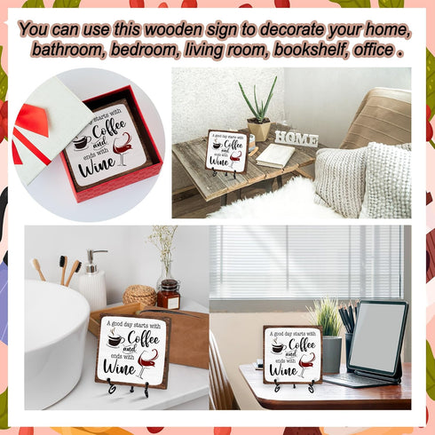 Coworker-01 Coffee And Wine Desk Decor Sign, Rustic Wooden Sign With Stand, A Good Day Starts With Coffee And Ends