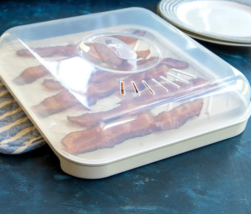 Nordic Ware Slanted Bacon and Meat Tray with Lid, White