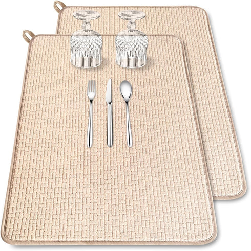2 Pack XXL Large Microfiber Dish Drying Mat, 24*17 inch Absorbent Pad for Kitchen Countertops, Sinks (Beige)
