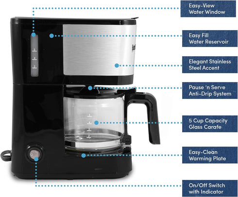 Elite Gourmet EHC9420 Automatic 5-Cup Brew & Drip Coffee Maker with Pause N Serve Reusable Filter, On/Off Switch, Water Level Indicator by Elite Gourmet