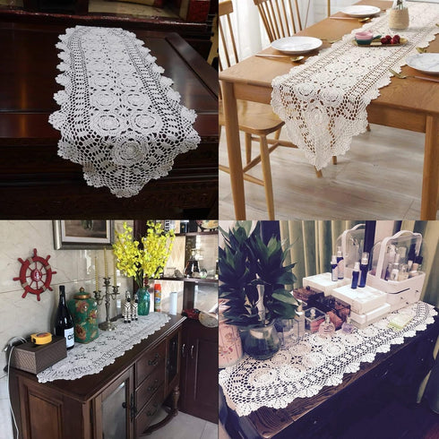 Damanni Oval Cotton Handmade Crochet Lace Table Runner Doilies, 15 Inch by 63 Inch, Beige