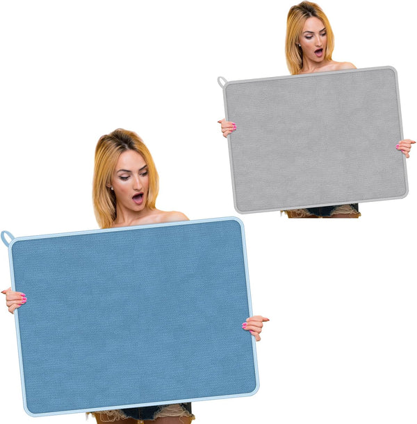 Hushee 2 Pack Extra Large Dish Drying Mat, Microfiber Absorbent Pad for Countertop, Sink, Refrigerator (Blue, Gray, 30