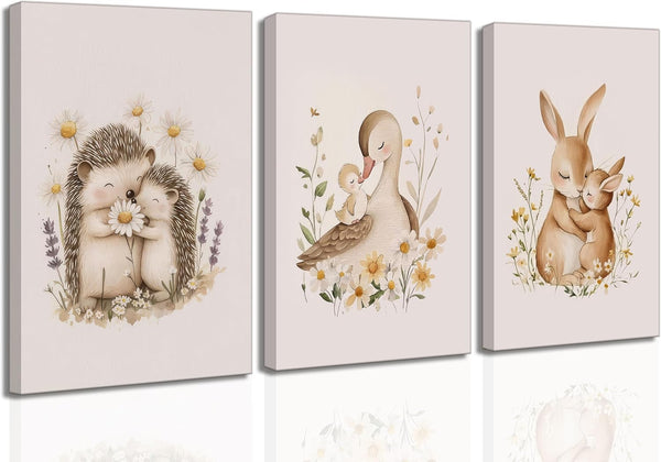 UNDDISINS 3 Pcs Animal Nursery Canvas Wall Art Watercolor Baby Animals with Wildflowers
