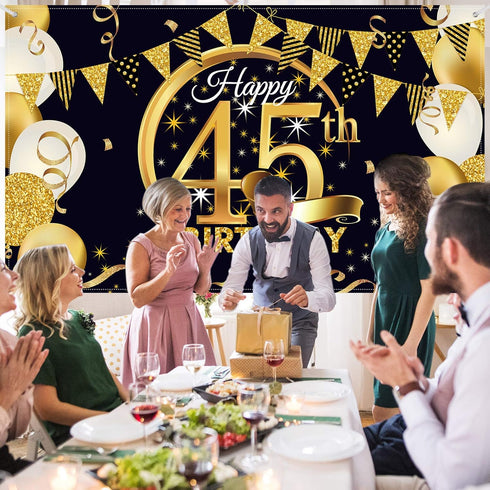 Extra Large Black Gold Birthday Party Decoration Sign Poster, 72.8 x 43.3 Inch, Anniversary Photo Booth Background