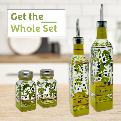 16 oz Hand Painted Glass Oliva Branch Oil/Vinegar Glass Cruet for Kitchen, Olive Oil Dispenser With Stainless Steel
