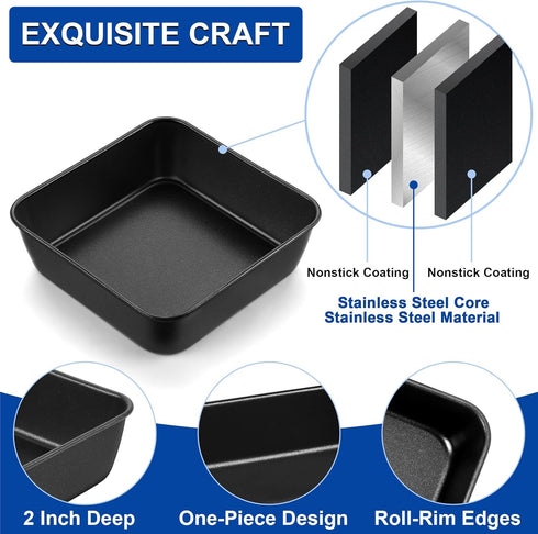E-far 6 Inch Square Cake Pan, Nonstick Small Baking Pan with Stainless Steel Core for Brownies, Lasagna, Cakes, Easy