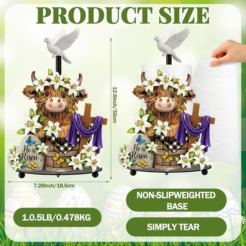 12.6 Inch Countertop Chunful Easter Highland Cow Metal Paper Towel Holder, Tall He is Risen Religious Kitchen Decor
