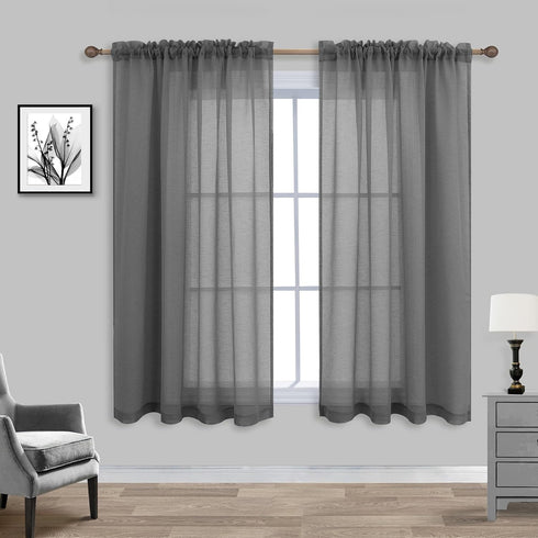 Charcoal Gray Sheer Curtains 45 Inches Long for Kitchen, Pair Set 2 Panels, Light Filtering Dark Grey