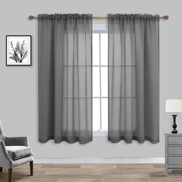 Charcoal Gray Sheer Curtains 45 Inches Long for Kitchen, Pair Set 2 Panels, Light Filtering Dark Grey