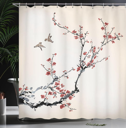 Ambesonne Nature Shower Curtain 69" W x 70" L, Burgundy Black Flowers Buds Birds Art Painting Effect, Cloth Fabric Bath