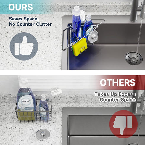 NiHome Extendable Arm Stainless Steel Kitchen Sink Corner Caddy, Easy Install Space-Saving Adjustable Sponge Holder