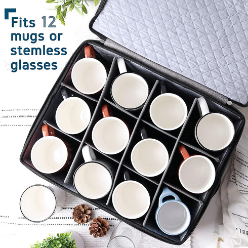 Coffee Mug Storage – Quilted Stackable Organizer for 12, Mug Storage Box with Dividers for Moving and Seasonal Storage