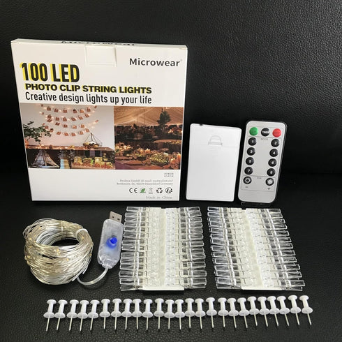 Microwear 33Ft Powered,8 100 10M Photo Clip String Lights,USB or Battery Modes LED Hanging String Fairy Lights