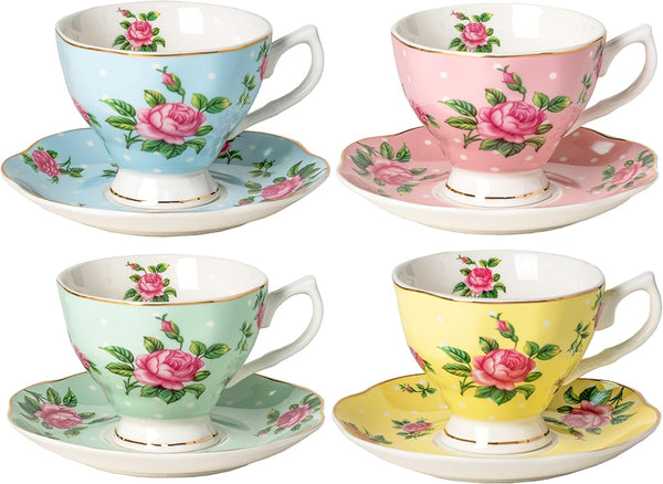 BTaT- Floral Tea Cups and Saucers, Set of 4, 8 oz, Fine
