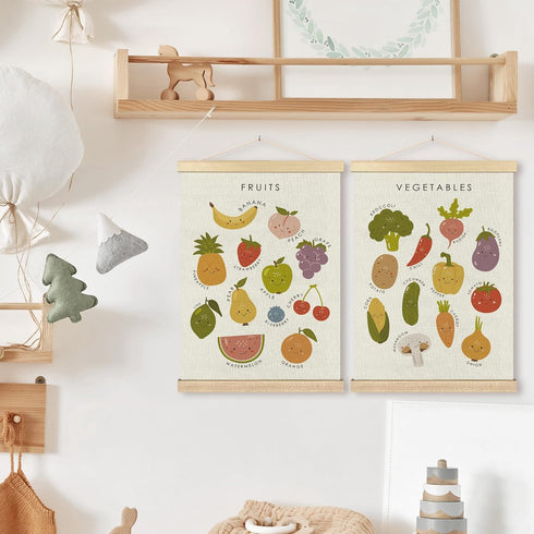 Set 2, 12x16 Inches BCUANGD Fruits Vegetables Wall Decor - Toddlers Kids Preschool Poster Hanger with Wood Frames