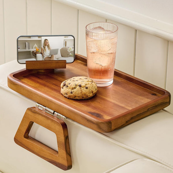 Tinamo Acacia Wood Sofa Armrest Tray with Phone Holder - Large Sofa