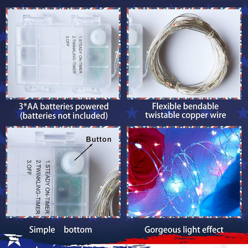 4th Lights,4PACK 400Led IP67 Yayfazy of July Decorations Outdoor/Indoor Timer Fairy String Copper Wire Red/White/Blue