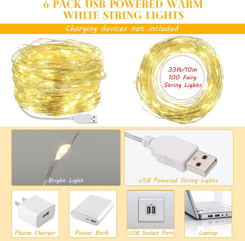 6 33 100 Macarrie Pcs USB String Lights ft LED Fairy Lights Powered String for Christmas Indoor Outdoor Wedding Party