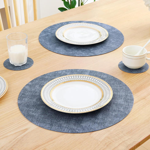 Set 4, 13 3.93 inch, Homaxy Round Faux Leather Placemats and Coasters, Washable Dual-Side Table Mats, Wipeable
