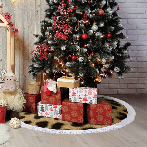 Christmas Tree Skirt 48" Inch Leopard Animal Print Xmas Tree Skirt Mat with White Tassel for Holiday Decorations