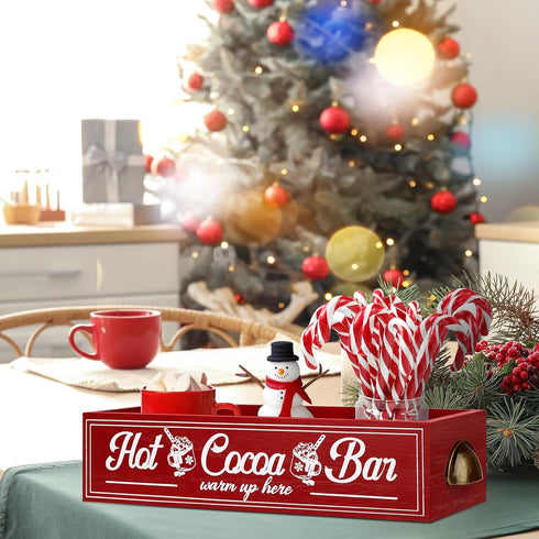 TURSTIN Christmas Hot Cocoa Bar Wood Storage Box Rustic Farmhouse Hot Cocoa Bar Accessories With Handle Decorative