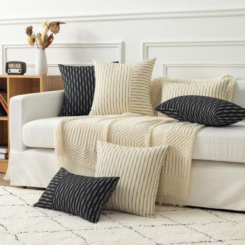 24x24, Set 2, Kevin Textile Farmhouse Pillow Covers Modern Accent Square Throw Pillow Covers of Beige and Black Striped