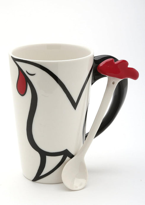 20764 Fine Porcelain White and Black Rooster Mug with Red Crown and Spoon, 5 1/8"H