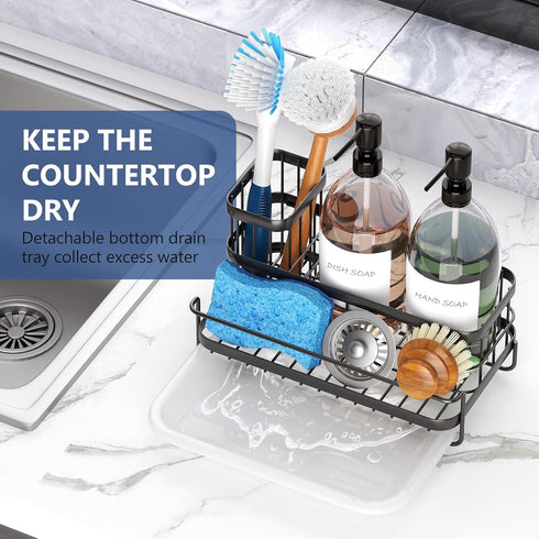 Trendy Sink Caddy Kitchen Sink Organizer, Sponge Holder for Kitchen Sink with Drain Tray, Rustproof Non-Slip Dish Soap Dispenser Rack Brush Holder, Sink Holder for Countertop Storage (Matte Black) by Trendy Union