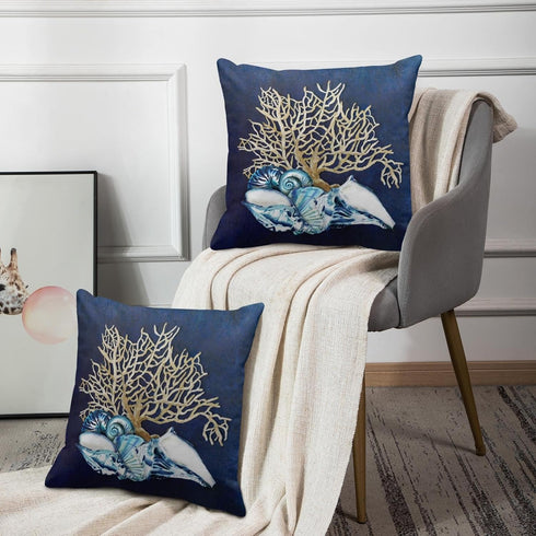Emvency Throw Pillow Cover, Blue Seashore Indigo Ocean Coral Seashells, 20 x 20 Inch Decorative Pillow Case