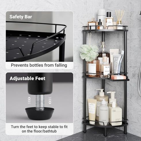 3 2 ELYKEN Corner Shower Caddy Standing, Tier Rustproof Metal Shower Organizer with Soap Holder, Floor Shower Corner