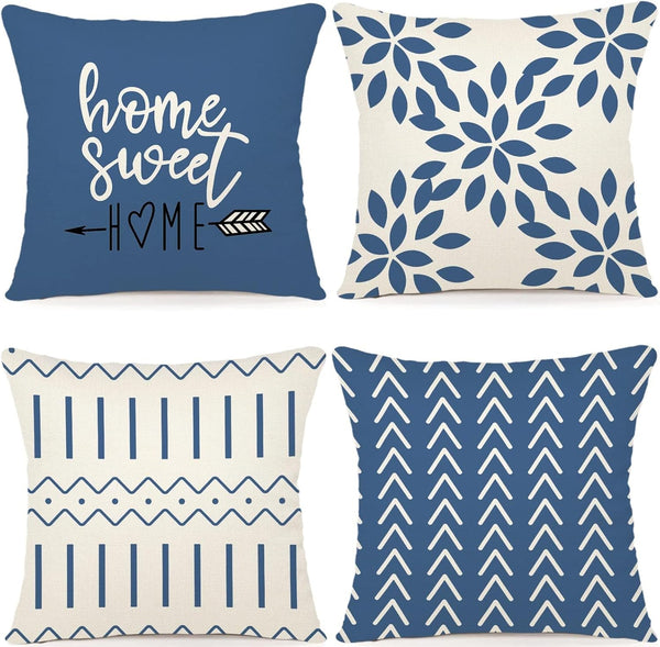 YCOLL 18x18 Pillow Covers Set of 4 - Modern Outdoor Linen Fabric Throw Pillow Case for Couch Bed Car, Light Blue