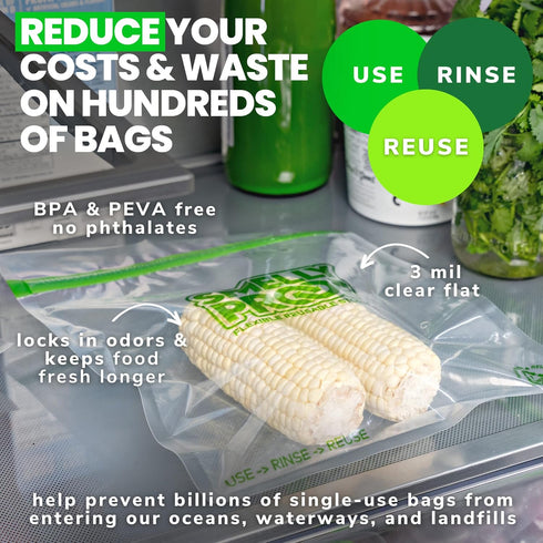 Smelly Proof Reusable Food Storage Bags, Clear FLAT Large 3-mil Thick, 8.5" x 10", Quart Size Ziplock Bags, 10-Pack