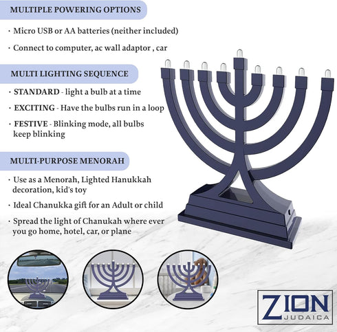 Zion Judaica Mini LED Hanukkah Menorah, Battery or USB Operated, Blue, Multiple Light Settings for Chanukah