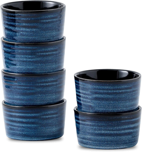 Ceramic 4 oz Ramekins, Tikooere Small Souffle Dishes Set of 6, Mini Baking Bowls for Dipping Sauce, Blue