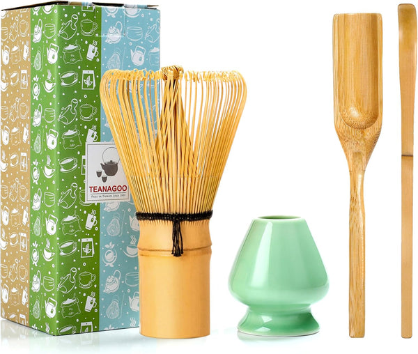 TEANAGOO Japanese Matcha Ceremony Accessory Set, Matcha Whisk, Bamboo Scoop, Tea Spoon, Green Celadon Holder