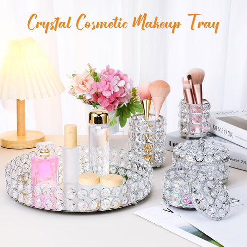 Tioncy 5 Pieces Crystal Makeup Decorative Vanity Tray Set - Mirrored Perfume Holder for Dresser, Jewelry Organizer