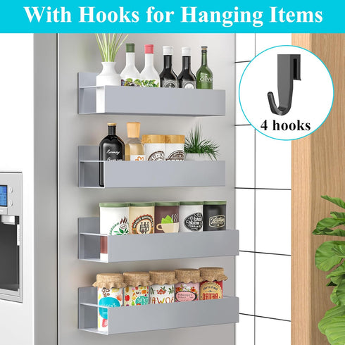 HuggieGems Set 4 Pack Magnetic Spice Rack Organizer - Gray Storage Solution for Kitchen & Refrigerator