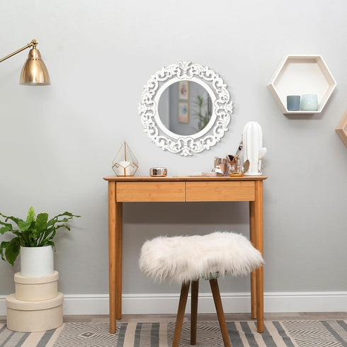 Round Wall Mirror, Hand Carved Rustic Farmhouse Accent Mirror, 14x14 Inch White Antique Entry Mirror for Bathroom