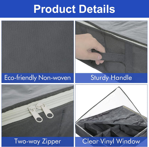 Surblue Under Bed Shoe Storage Organizer, Fits 24 Pairs of Shoes, Set of 2, Grey with Clear Cover