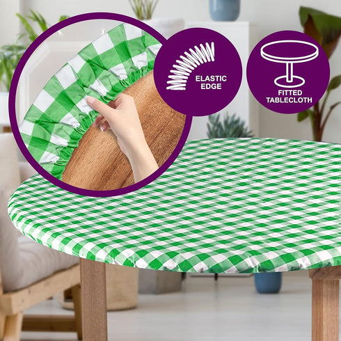 Sorfey Round Tablecloth, Fitted Elastic Vinyl with Flannel Back, 30 Inches Round, Waterproof Checked Green Design